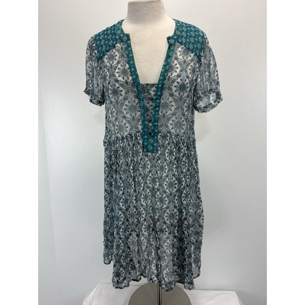 Maeve Anthropologie Chiffon Mini Babydoll Dress Sz Small Teal *No Liner*